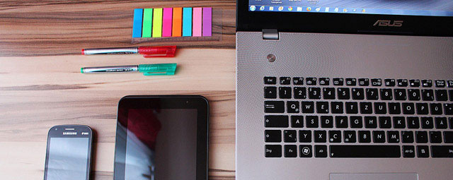 A laptop, tablet and phone on a desk